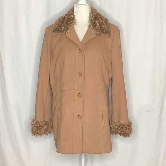 Vintage Esprit Penny Lane Style Tan Wool Coat With Faux Fur Trim Size L - Picture 12 of 16